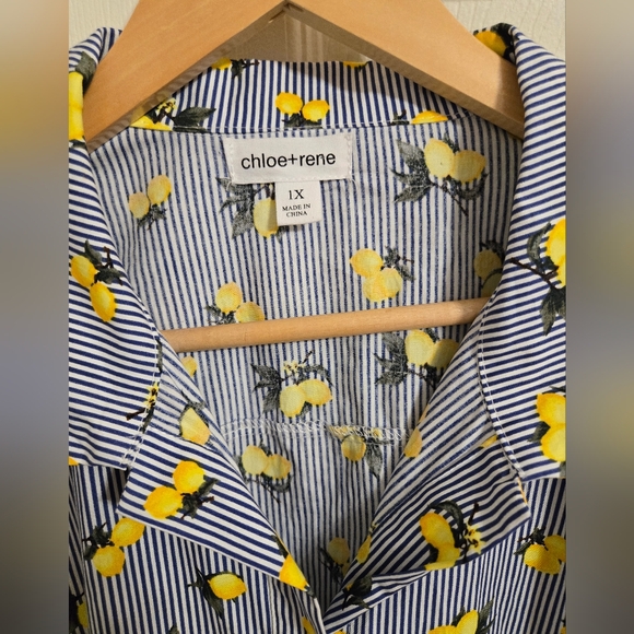 Chloe + Rene Blue Striped Dress with Lemon Pattern Belted Waist Size 1X NWT - Picture 3 of 9